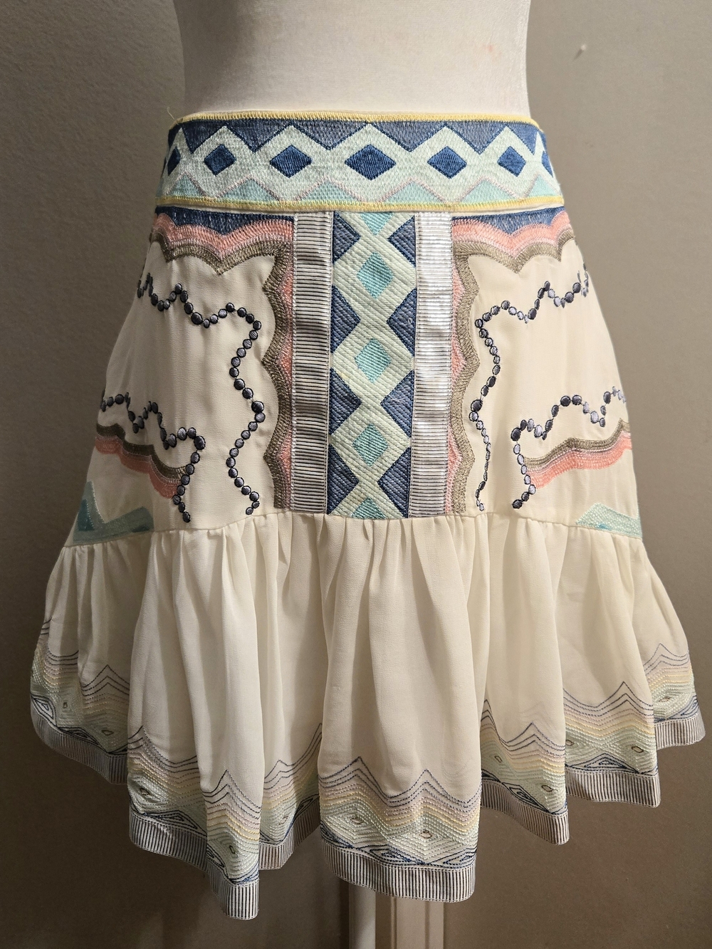 Embroidered Cream Boho Mini Skirt with Pastel Accents Size 2